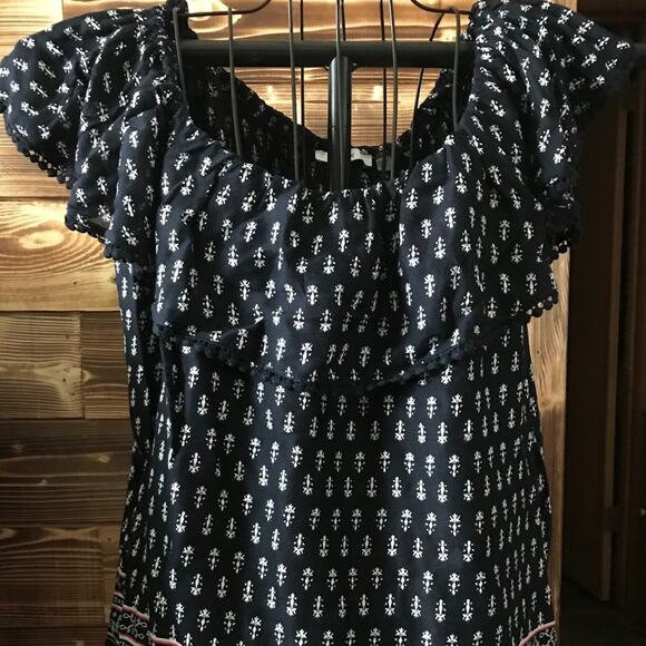 NWT Dex Nieman Marcus Sz M Off-the-shoulder Blue Pom Poms print top - Picture 1 of 5